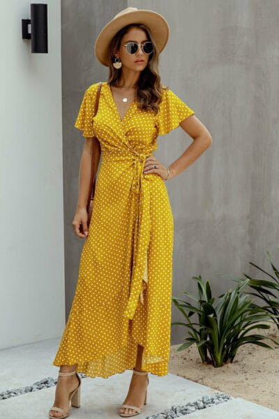 vestido bohemio largo amarillo de lunares lindo