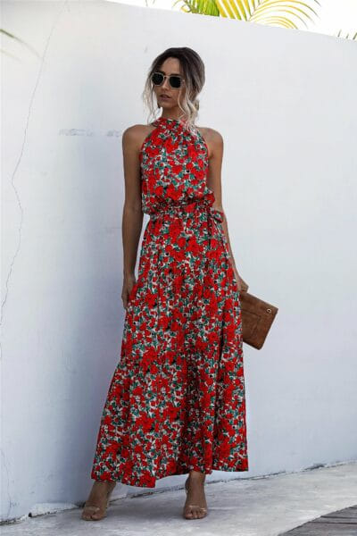 vestido bohemio rojo de flores sin mangas